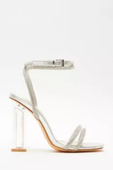 Широкие босоножки на каблуке с серебристым стразом и прозрачным каблуком QUIZ Clothing