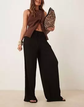Широкие брюки ASOS DESIGN черного цвета с жатой текстурой и завязками на талии