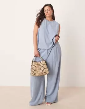 Широкие брюки ASOS DESIGN Curve со складками спереди и льняным комбинезоном синего цвета