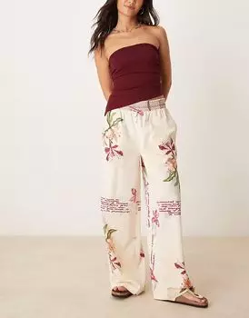 Широкие брюки ASOS DESIGN из льняной смеси с застежкой на талии, сборкой на талии и цветочным принтом