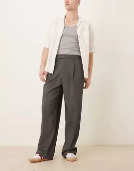 Широкие брюки ASOS DESIGN с двойными складками серого цвета с узором «в ёлочку» и эластичной талией