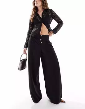 Широкие брюки ASOS DESIGN с высокой талией и отделкой черного цвета