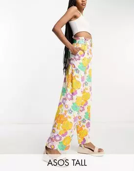 Широкие брюки ASOS DESIGN Tall с талией в виде бумажного пакета с крупным ярким цветочным узором из смесового льна
