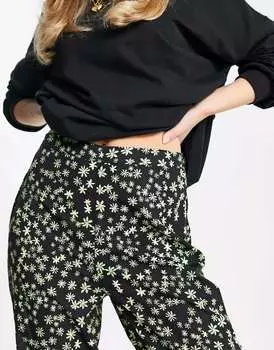 Широкие брюки черного и зеленого цвета с ярким цветочным принтом Pieces