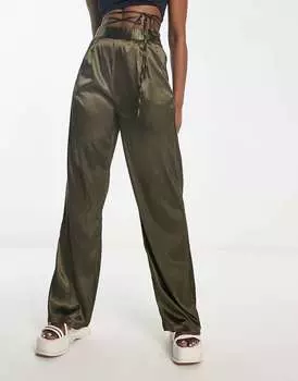 Широкие брюки цвета хаки из атласа Heartbreak с запахом и завязками на талии