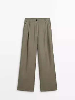 Широкие брюки из 100% льна Massimo Dutti, зеленый