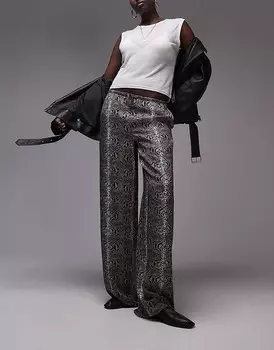 Широкие брюки из атласа Topshop Tall из змеиной кожи с завязкой на талии