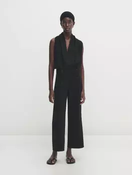 Широкие брюки из хлопка и льна с пуговицами Massimo Dutti, черный