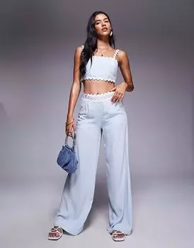 Широкие брюки из хлопка Missyempire с фестончатой отделкой на талии, нежно-голубого цвета