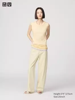 Широкие брюки из хлопка Uniqlo, бежевый