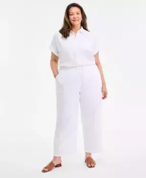 Широкие брюки из хлопкового газу с завязками, средняя посадка, большие размеры Style & Co, белый