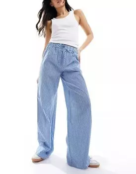 Широкие брюки из хлопкового поплина в синюю полоску ASOS