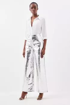 Широкие брюки из искусственной кожи цвета металлик Karen Millen, серебро