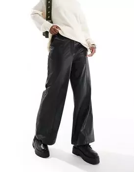 Широкие брюки из искусственной кожи с контрастным поясом черного цвета Miss Selfridge