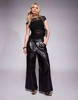 Широкие брюки из искусственной кожи темно-коричневого цвета River Island