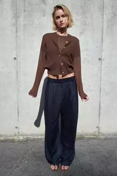 Широкие брюки из льна ZARA, темно-синий