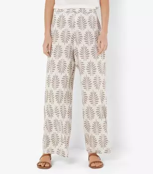 Широкие брюки из льняной смеси абрикосовых косточек с принтом листьев Apricot, светло-серый
