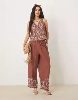 Широкие брюки из льняной смеси ASOS DESIGN с фестончатым краем и вышивкой, цвет мокко