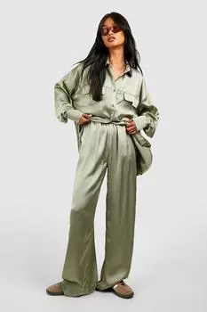 Широкие брюки из матового атласа из текстурированного атласа Boohoo, хаки
