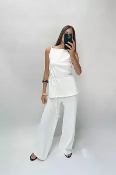 Широкие брюки из мягкого пике ZARA, экрю