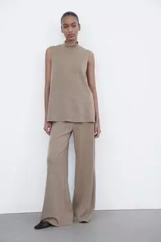 Широкие брюки из мягкого пике ZARA, коричневый мергель
