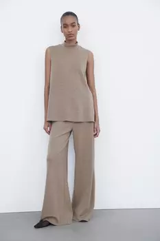 Широкие брюки из мягкого пике ZARA, коричневый мергель
