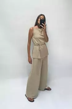 Широкие брюки из мягкого пике ZARA, светло-бежевый