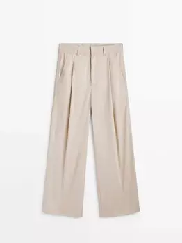 Широкие брюки из поплина с вытачками Massimo Dutti, песочный