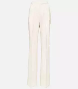 Широкие брюки из шерсти с высокой посадкой Saint Laurent, бежевый