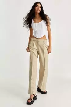 Широкие брюки из смесового льна H&amp;M, светло-зелено-бежевый