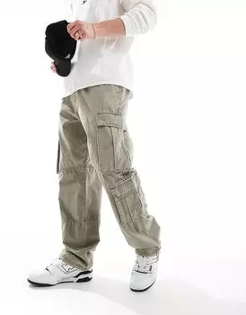 Широкие брюки-карго цвета хаки с несколькими карманами Pull&Bear