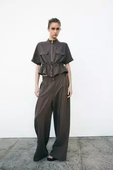 Широкие брюки на штопке ZARA, коричневый