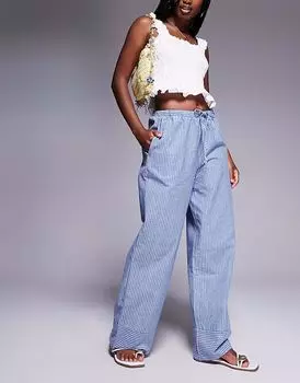 Широкие брюки Princess Polly Veridian из льна с завязками на талии в синюю полоску