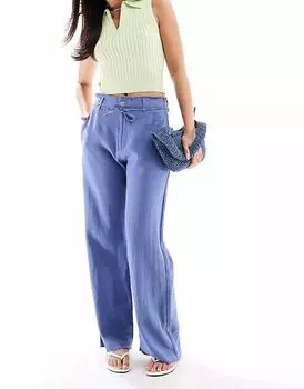 Широкие брюки Pull&Bear из льняной смеси с необработанным краем синего цвета