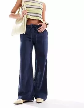 Широкие брюки Pull&Bear с фактурной жатой отделкой темно-синего цвета