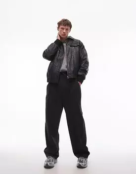 Широкие брюки с эластичным поясом на талии темно-синего цвета Topman