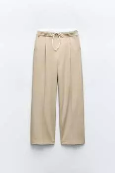 Широкие брюки с двойным поясом. ZARA, песок