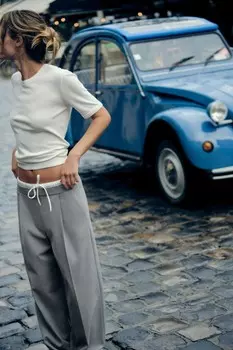 Широкие брюки с двойным поясом ZARA, серый