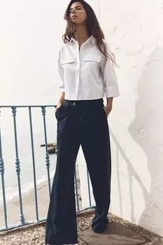 Широкие брюки с двойным поясом ZARA, темно-синий