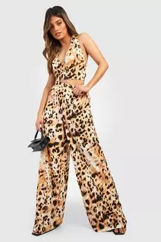 Широкие брюки с леопардовым принтом Boohoo, коричневый