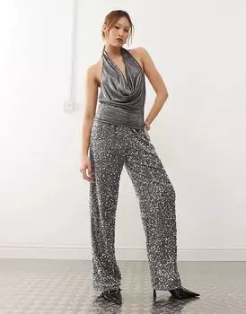 Широкие брюки с пайетками серебристого цвета Noisy May
