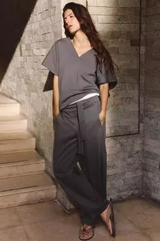 Широкие брюки с поясом ZARA, антрацитовый серый