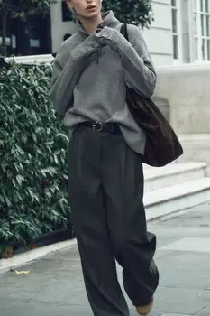 Широкие брюки с поясом ZARA, серый