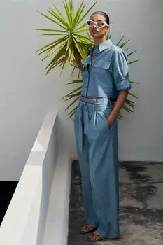 Широкие брюки с поясом ZARA, светло-синий