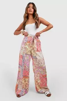 Широкие брюки с принтом пейсли и завязкой на талии Boohoo, сиреневый