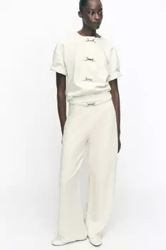 Широкие брюки с пряжкой ZARA, экрю