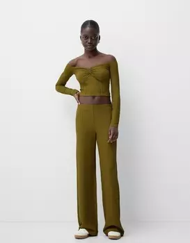 Широкие брюки с тиснением Bershka, зеленый