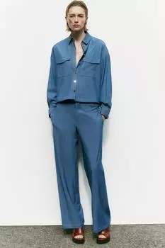 Широкие брюки с тонким поясом ZARA, синий