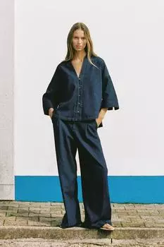 Широкие брюки с высокой талией и вытачками ZARA, цвет Dark indigo