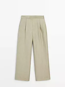 Широкие брюки с вытачками из смесового льна Massimo Dutti, бежевый